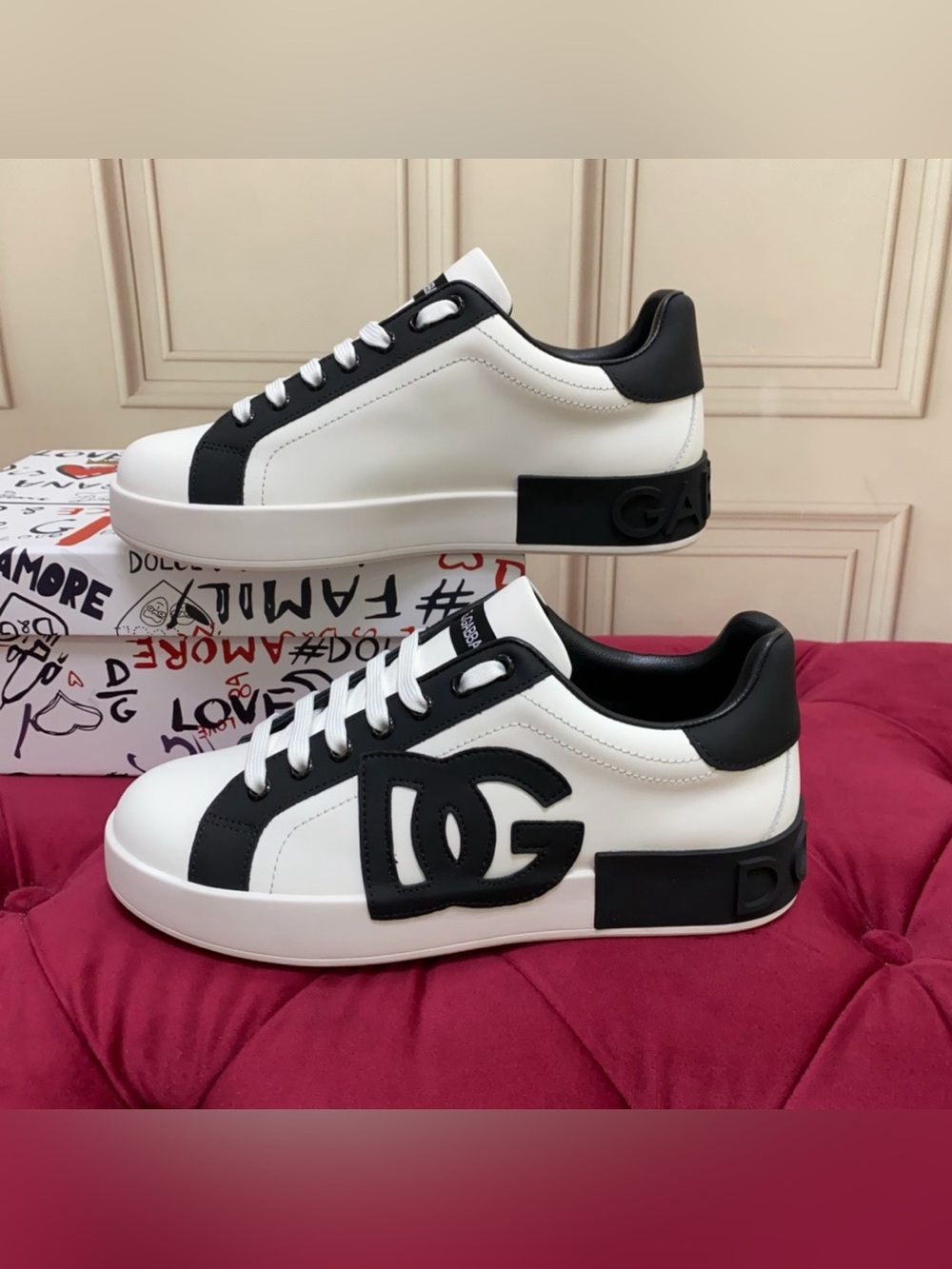 Dolce & Gabbana Black and White Logo Leather Sneakers - Picture 2 of 9